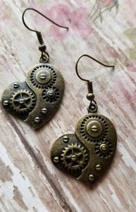 Bronze Heart Gears Steampunk Earrings